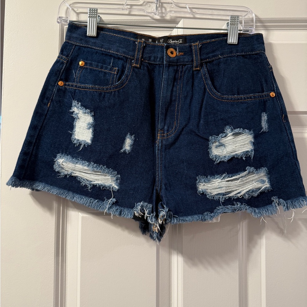 Denim&Co Dark Blue Distressed Jean Shorts